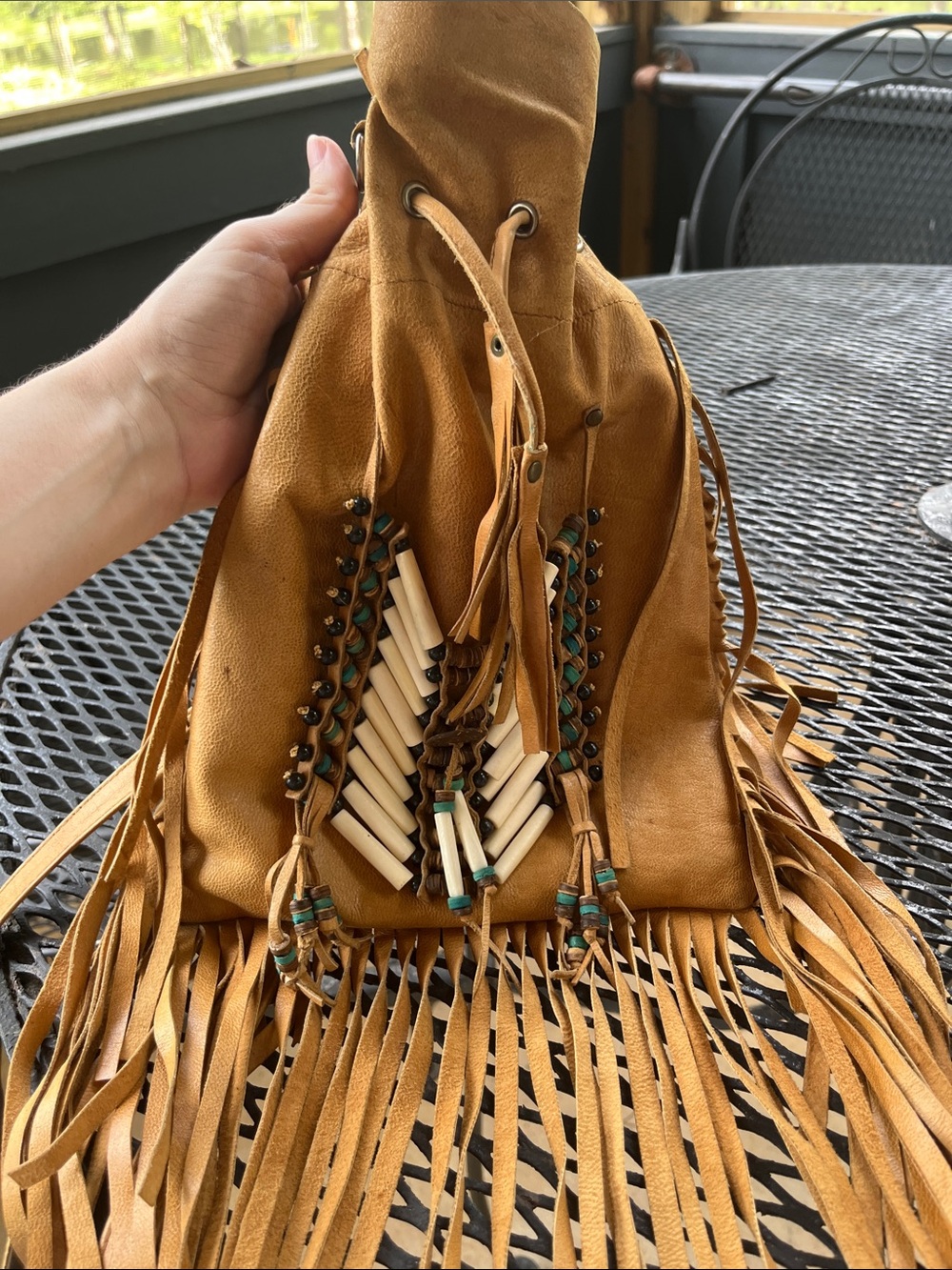 Spell Tan Suede Fringe Drawstring Crossbody with Bead Accents